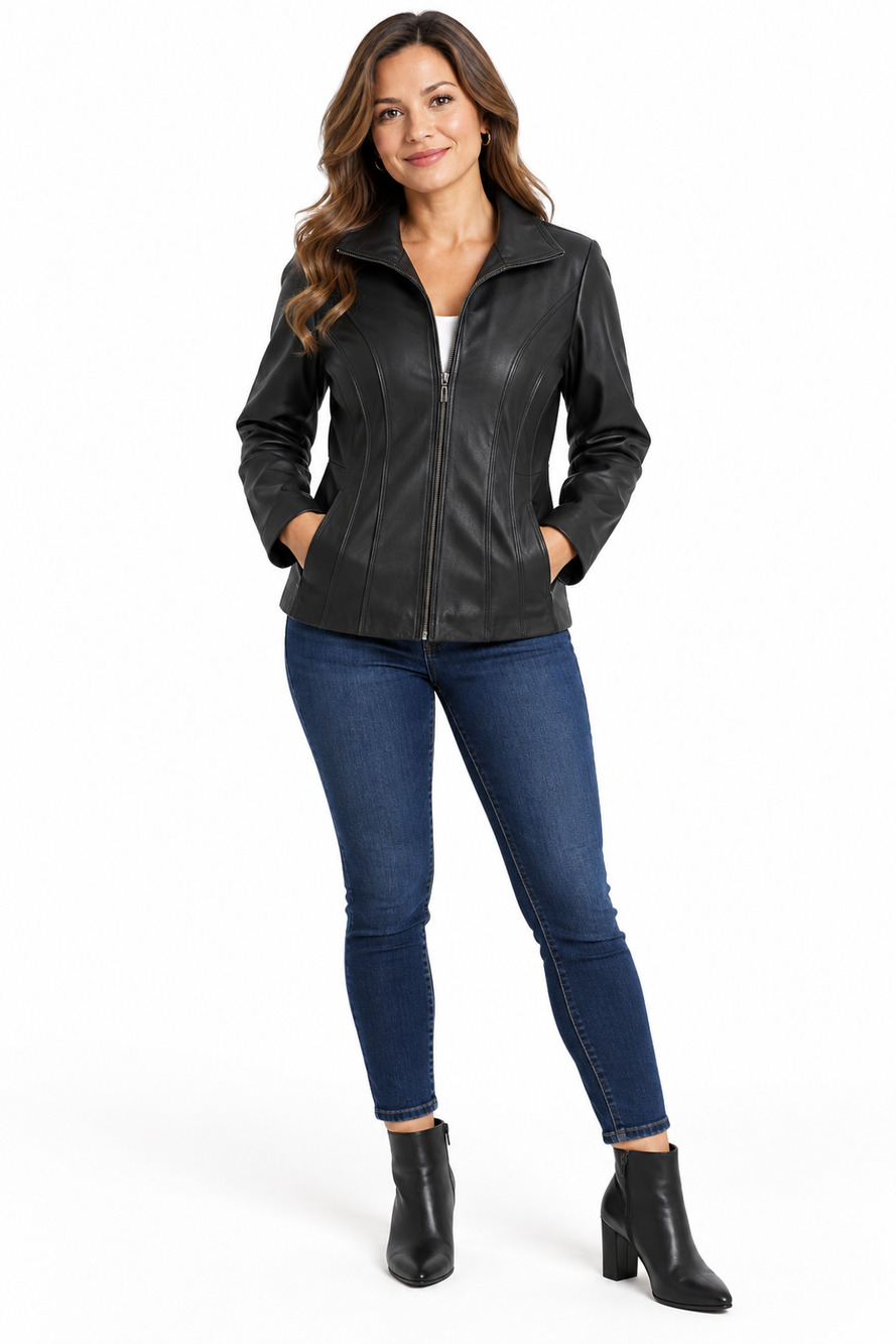 East 5th Womens Petite Jacket Size L Black Genuine Leather Full-Zip Cowgirl